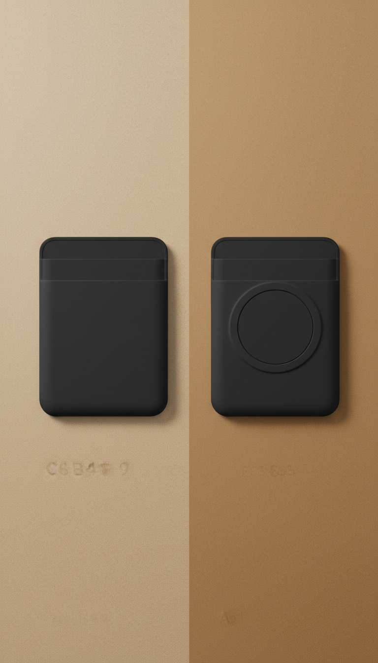 Charcoal Ink silicone card wallet accessory, Default is 3/4 angle hero shot at eye-level or slightly above, emphasizing...