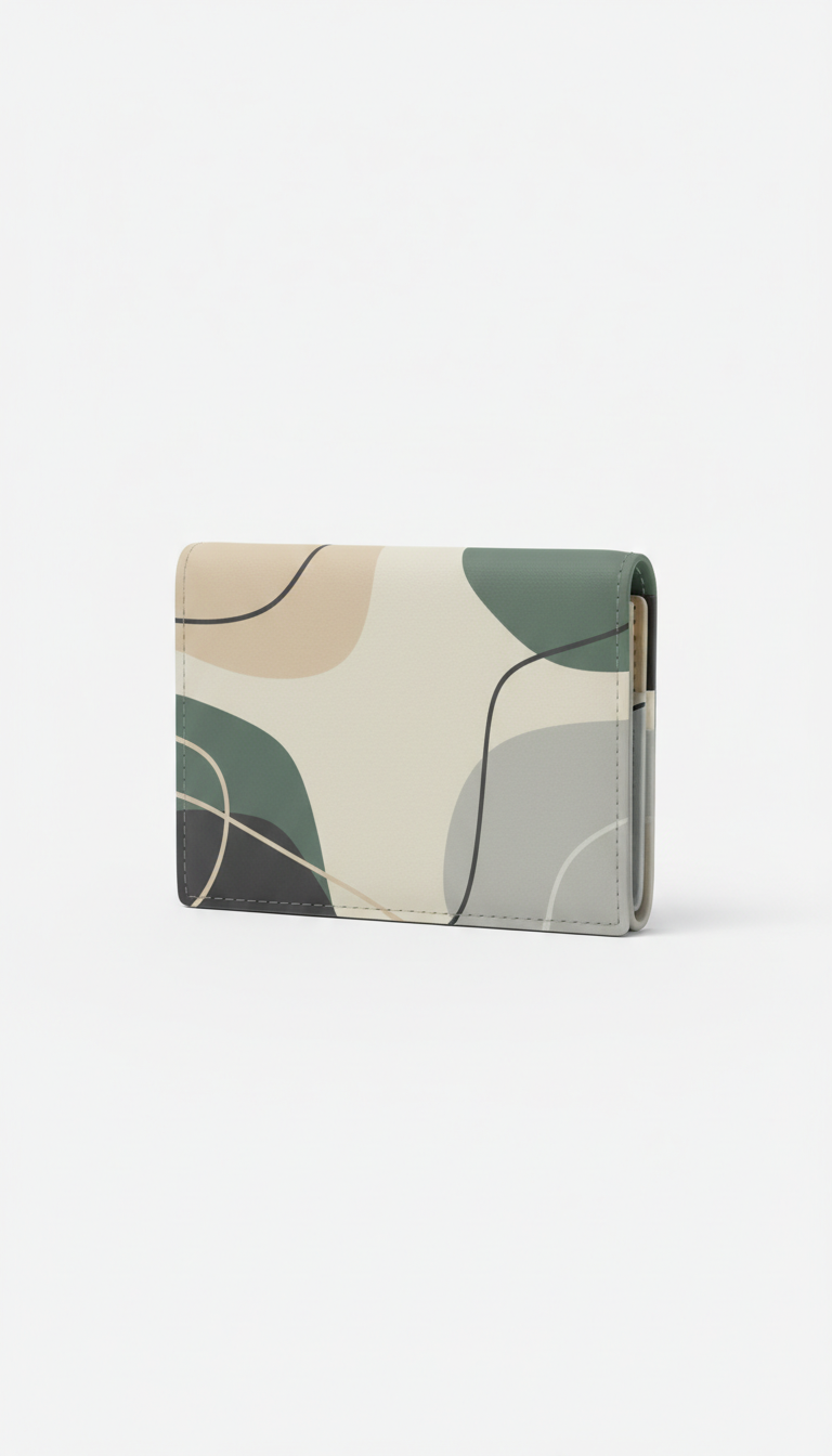 Minimalist wallet, Opt for a 3/4 angle shot to capture the product's form and distinctive prints effectively. Use a clean,...