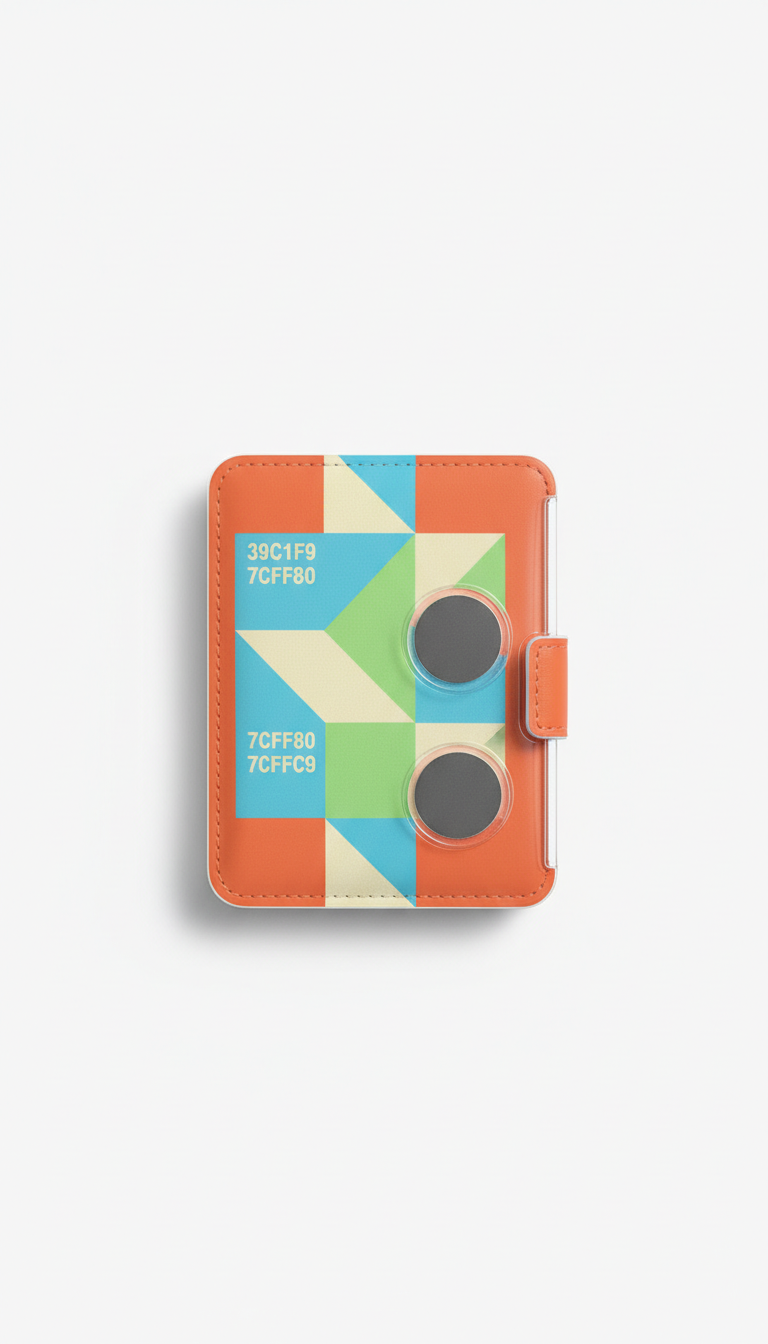 Vivid Tangerine MagSafe wallet, Default: 3/4 angle close-up with wallet in hand or flat-lay on translucent surface. Always...